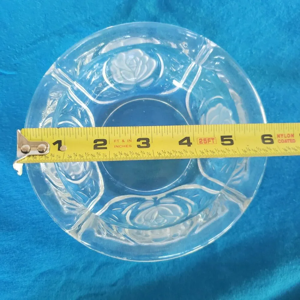 Vintage Clear Glass Frosted Rose Ashtray 4 Rest Pressed Glass Floral Dish 5.5